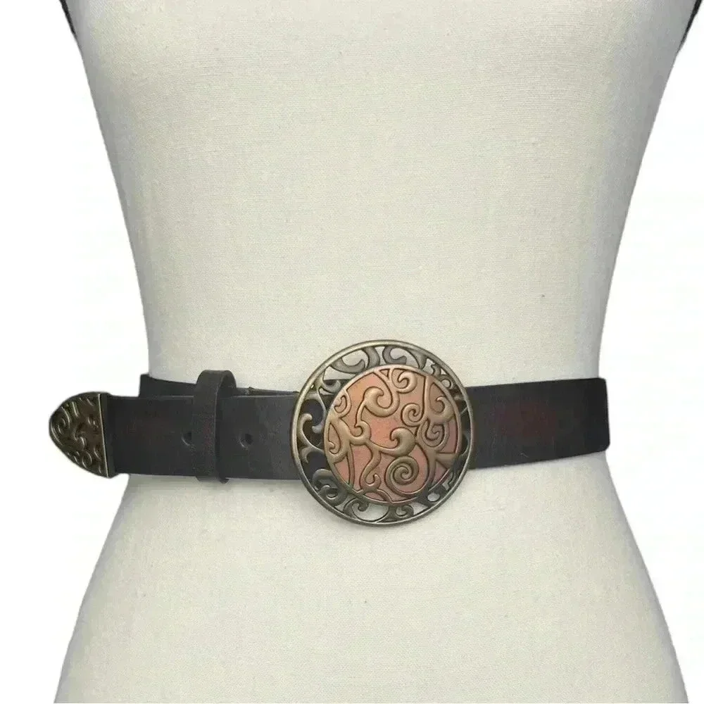 Chico's Women's  Brown leather belt Brass‎ Medallion Buckle